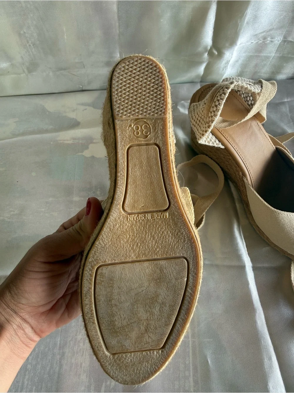 Mango Beige Canvas Espadrille Wedge Sandals with Ankle Wrap